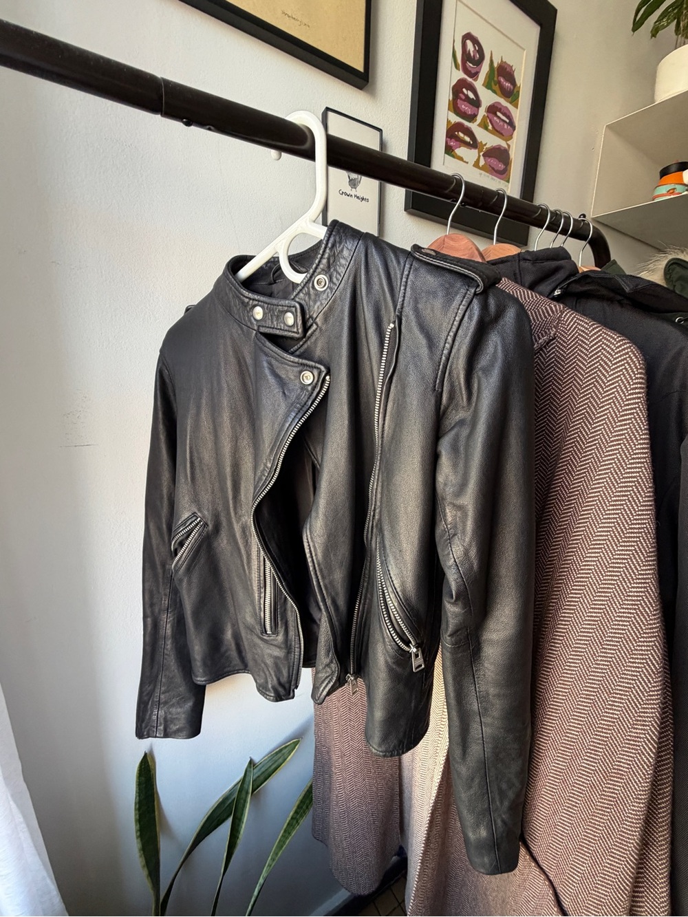 AllSaints Black Leather Moto Jacket with Asymmetric Zip